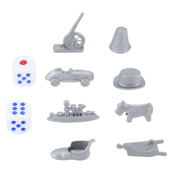 Plastbrettspillbrikker med terninger, tilbehør, kanon, bil, skip, hatt, reservedeler