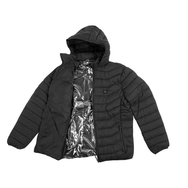 Sähkötakki hupulla, 3 lämpötilan säätötasoa, USB, unisex, musta, 4XL