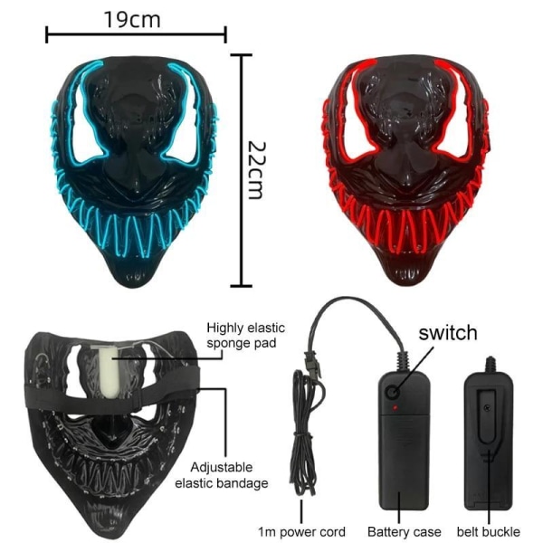 Halloween 2022 - Skræmmende LED maske - Flere farver Black one size