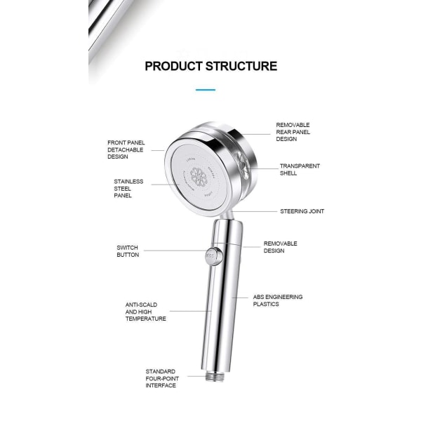 Potkurikäyttöinen suihkupää ja pysäytyspainike Silver Silver Shower Head