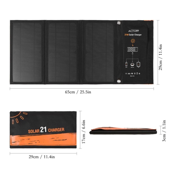 21W Bærbar foldbar solpaneloplader Black one size