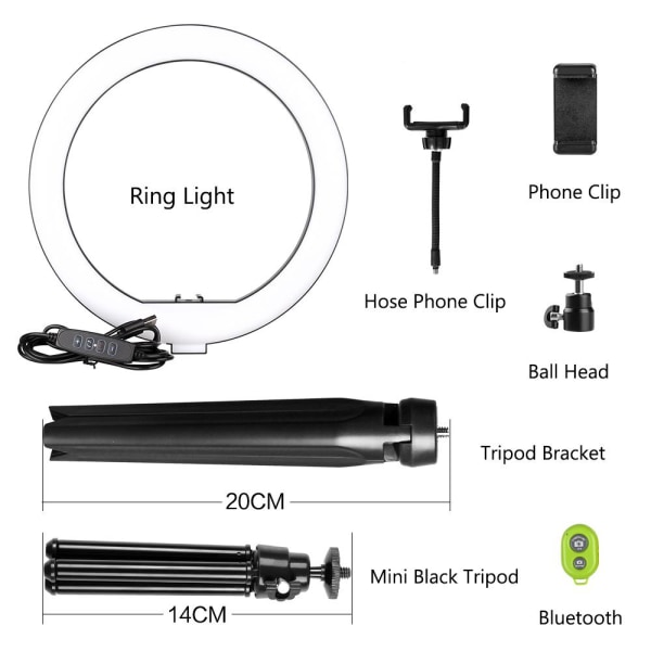 Selfie-ringlys med stativ White 20cm tripod light