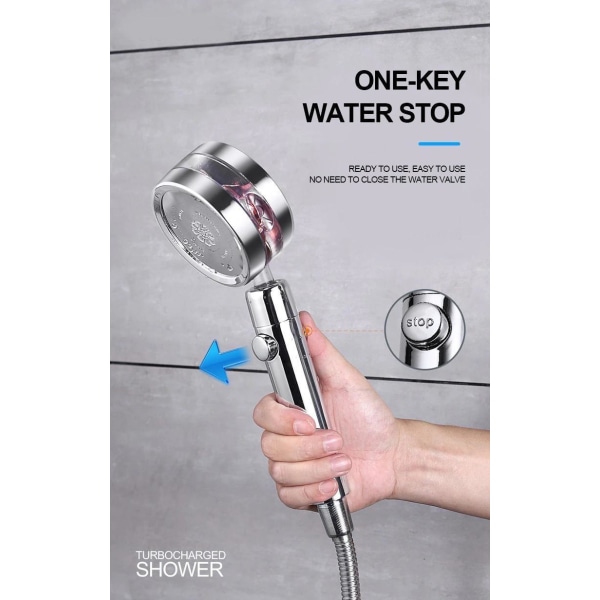 Potkurikäyttöinen suihkupää ja pysäytyspainike Silver Silver Shower Head + 1.5m hose