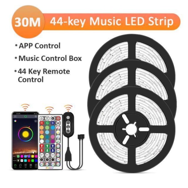 30M - 44-tasters musikk LED-stripe - APP-kontroll - Musikkontrollboks MultiColor 30m 44key music led strip 18LED/m