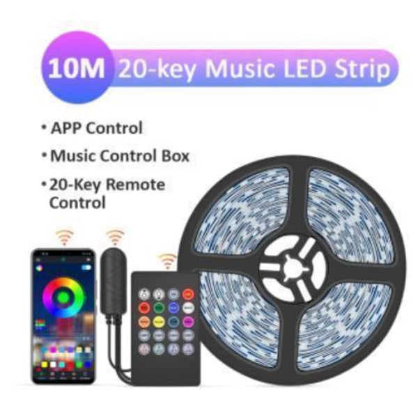 10M - 20-tasters musikk LED-stripe - APP-kontroll - Musikkontrollboks MultiColor 10m 20-key music led strip 18LED/m