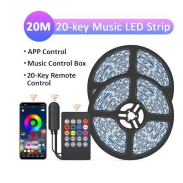 20M - 20-tasters musikk LED-stripe - APP-kontroll - Musikkontrollboks MultiColor 20m 20key music led strip 18LED/m