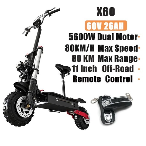 Kraftig elektrisk scooter 5600W - 80 KM/T Black X60 - 5600W - 60V 26AH - With seat