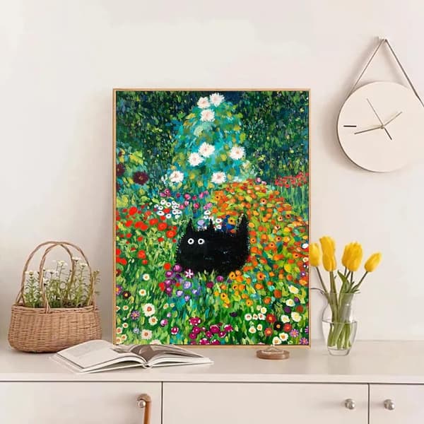 DIY Diamantmaleri Sæt til Voksne, 5D Diamantmaleri Sæt, Diamantmaleri Sæt, Diamantmaleri - Blomster og Sort Kat, Kat Diamantmaleri