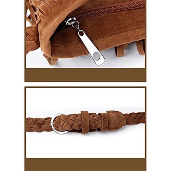 Leather Tassel Bag with Adjustable Knitted Shoulder Strap; Soft Velvet Ethnic Style Bag; Solid Color Tassel Bag.