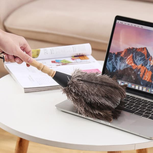 Fjerduster, antistatisk, vaskbar, genanvendelig, renser strudsefjer, træhåndtag, fluffy duster B