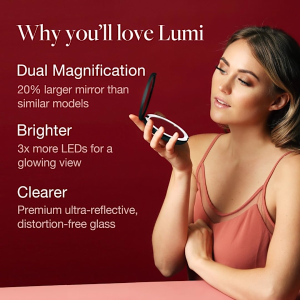 Kompakt sminkspegel för handväska, 1X/10X förstoring - Naturligt dagsljus LED, Resestorlek, Bärbar, Stor 127mm bred upplyst spegel, Roséguld Pink