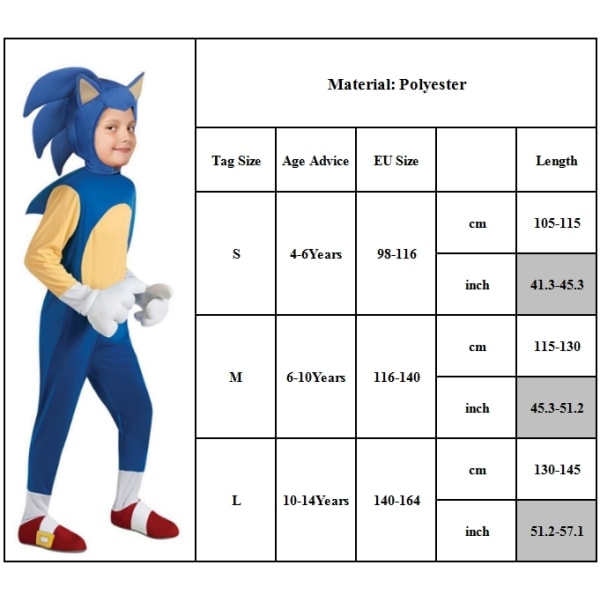 Sonic The Hedgehog Cosplay-asu lapsille, pojille, tytöille - - Täydellinen haalari + naamio + hanskat 10-14 vuotta = EU 140-164