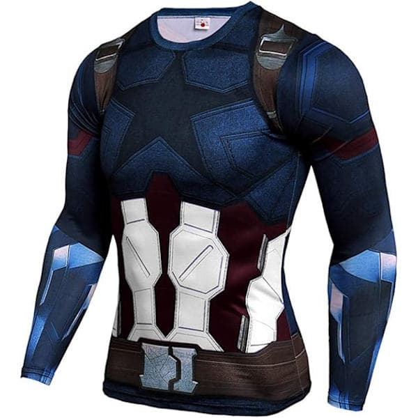 Tætsiddende 3D superhelte-T-shirt med hurtigtørrende og elastisk pasform, langærmet, Captain 1 Medium, Captain 2, M Captain 2 M