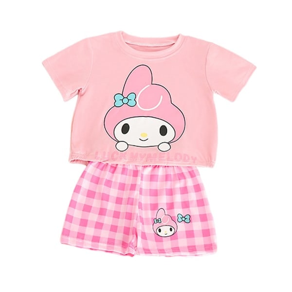 Kid Girls Kuromi Melody Cinnamaroll T-shirt Rutig Shorts Pyjamas Set Nattkläder Pink 110cm