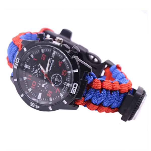 This outdoor survival bracelet comes with paracord, compass, whistle, and multi-tool, making it suitable for camping.