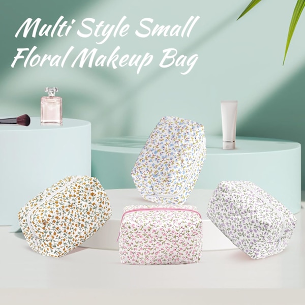 Lille Makeup Taske, Bærbar Toilet Taske i Bomuld, Quiltet Blomstret Kosmetiktaske Vasketøjsorganisering Pung til Kvinder Piger Damer Blue