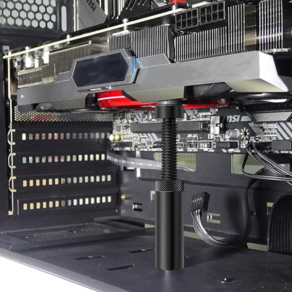 A two-piece graphics card bracket is used to support and secure the graphics card while protecting the motherboard.