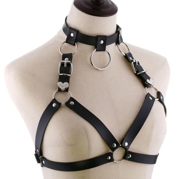 Punk-inspired bra without cups, linen, breast-supporting bra chain, leather bra straps Light brown