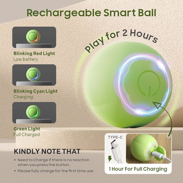 Interactive Cat Ball, Green Self Rolling Smart Indoor Cat Toy