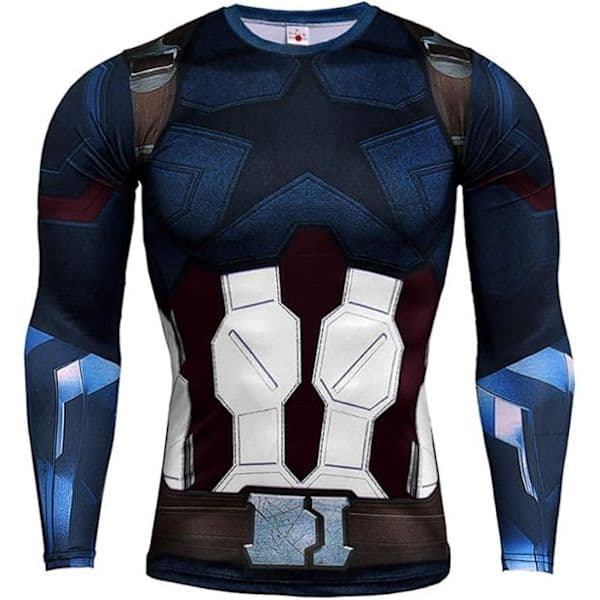 Tætsiddende 3D superhelte-T-shirt med hurtigtørrende og elastisk pasform, langærmet, Captain 1 Medium, Captain 2, M Captain 2 M