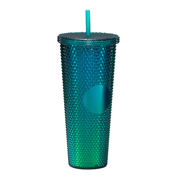 710ml Stilfull Högfärgad Stor Dubbelväggig Plastmugg med Gradient Sugrör - Gradient Blå-Grön