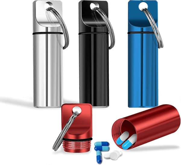 4-pack mini pillboxar, nyckelringsstil, mini metallpilleraskar, vattentäta pilleraskar