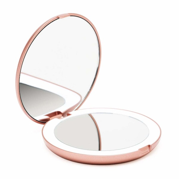 Kompakt sminkspegel för handväska, 1X/10X förstoring - Naturligt dagsljus LED, Resestorlek, Bärbar, Stor 127mm bred upplyst spegel, Roséguld Pink