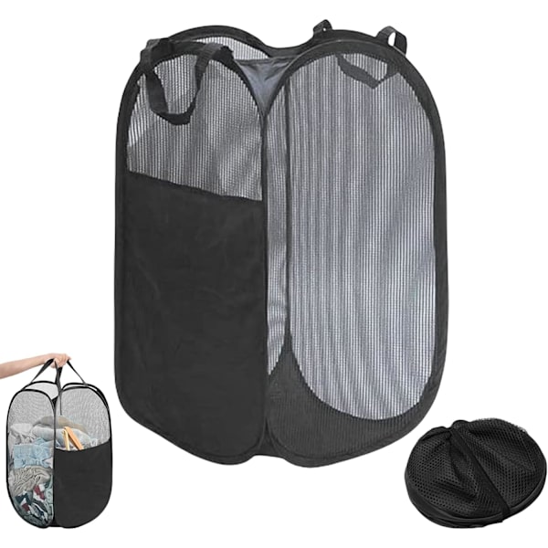 Large Foldable Mesh Laundry Hamper with Side Pockets, Pop-Up Laundry Basket with Handles