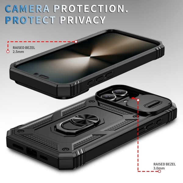 Hybridcover kompatibelt med iPhone 16, med ringholder og kamerabeskyttelse - Sort