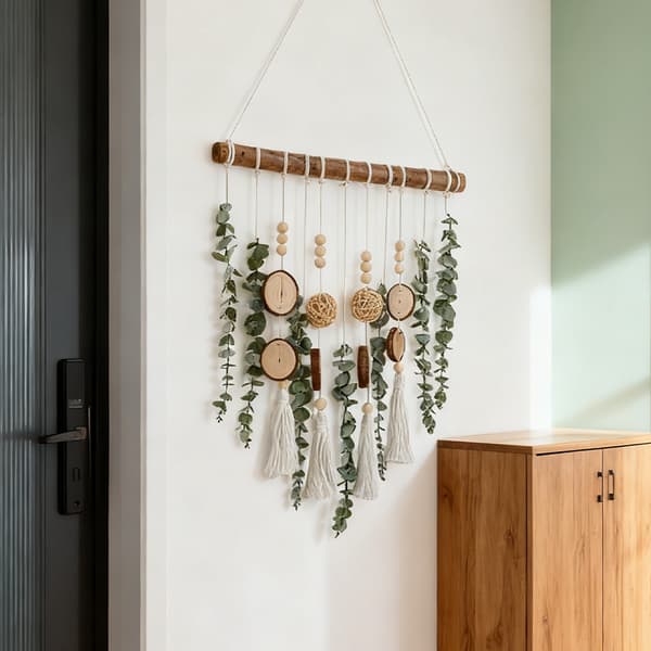 Boho Makramee Eukalyptus Seinäkoriste, 42cm Pitkä Käsintehty Seinätaide Puuviipale-tupsuilla