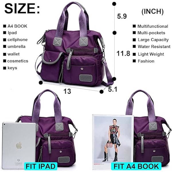 Women's Handbag, Spacious Handle, Multi-Pocket Design, Lightweight Shoulder Bag, Nylon Shoulder Bag (Solid Purple) Purple