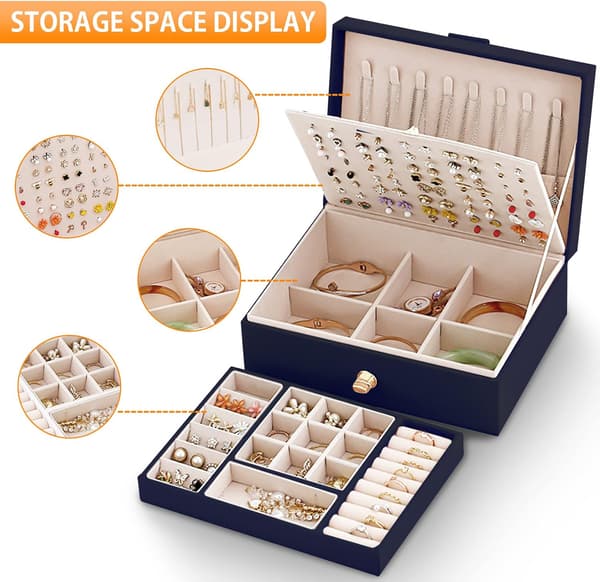 Women's Jewelry Box, Two-Layer Large Capacity Stackable Jewelry Storage Box with Lock, PU Leather Material and a Removable Tray.