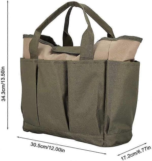 Large Multi-Pocket Garden Bag for Garden Tool Storage (Green + Khaki)