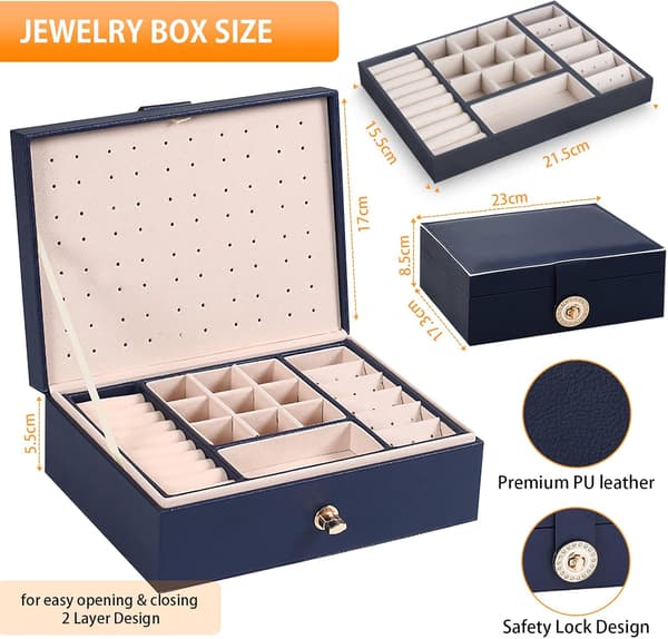 Women's Jewelry Box, Two-Layer Large Capacity Stackable Jewelry Storage Box with Lock, PU Leather Material and a Removable Tray.
