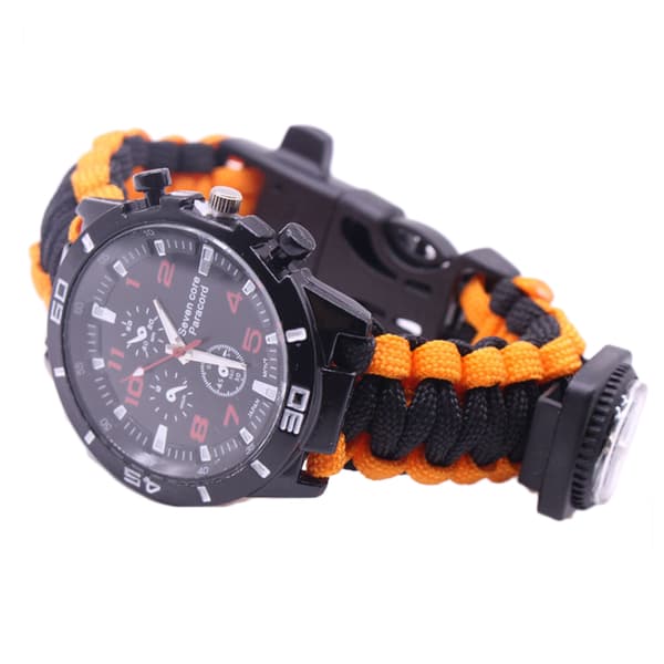 This outdoor survival bracelet comes with paracord, compass, whistle, and multi-tool, making it suitable for camping.