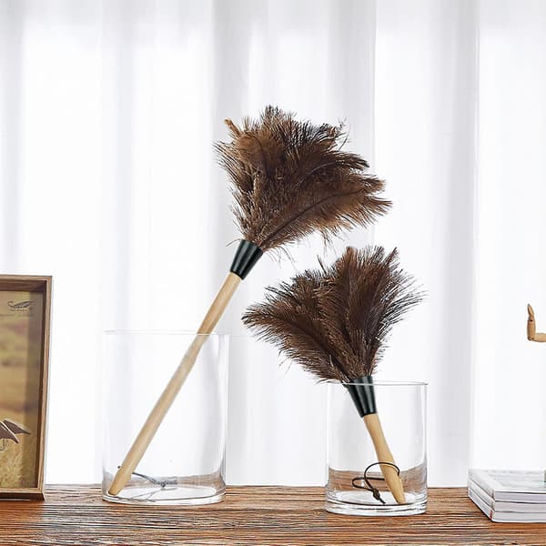 Fjerduster, antistatisk, vaskbar, genanvendelig, renser strudsefjer, træhåndtag, fluffy duster A