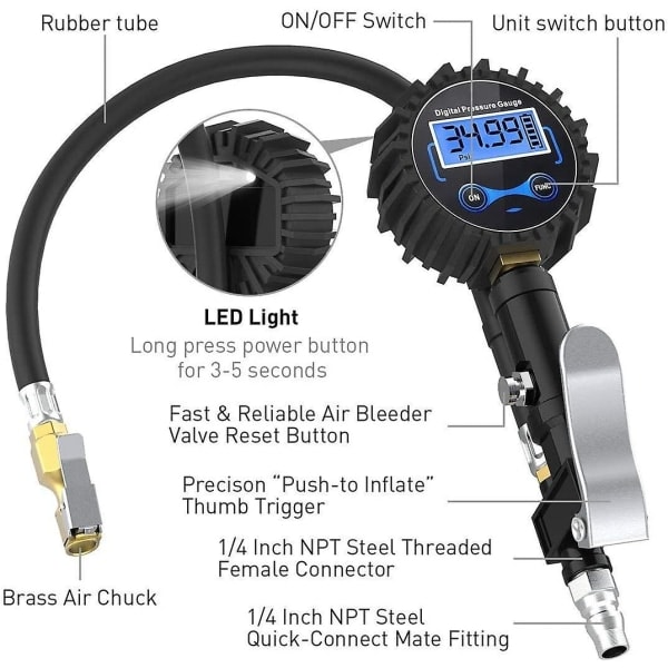 Digitaalinen rengaspainemittari 250 Psi, erittäin tarkka digitaalinen rengaspainemittari pumppupistoolilla -HG