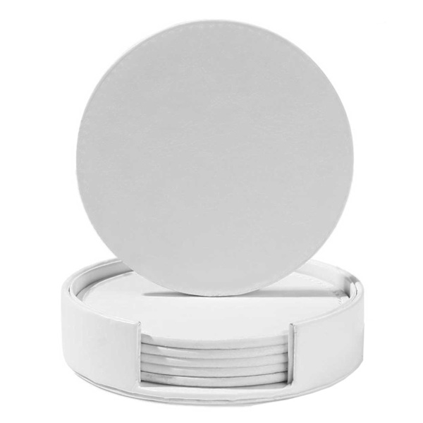 White PU Leather Coasters, 6-pack with Storage Rack white