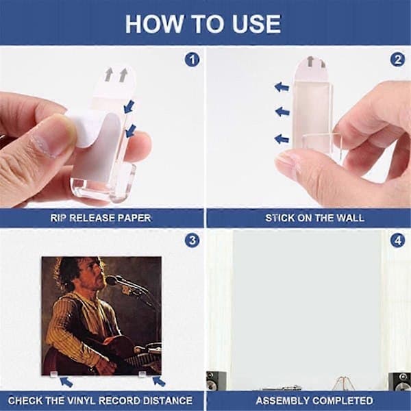 Transparent Wall Mount Record Display Shelf with 24 Self-Adhesive Acrylic Hooks for Vinyl.