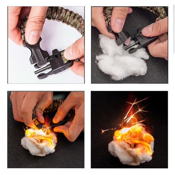 This outdoor survival bracelet comes with paracord, compass, whistle, and multi-tool, making it suitable for camping.