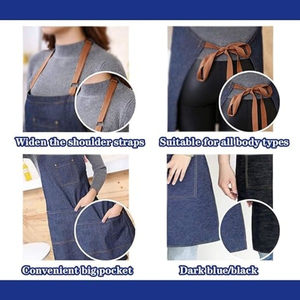 Unisex justerbar denimförkläde med flera fickor för inomhusmatlagning, mörkblå