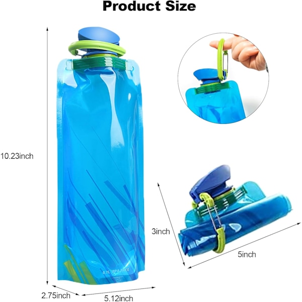 700 ml Stor Hopfällbar Vattenflaska Helt Hopfällbar Lagerflaska, Bärbar Vattenflaska för Löpning Cykling Utomhus, 3-pack