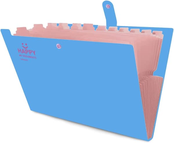 Utvidbar dokumentmappe, dokumentorganiseringsmappe, A4-dokumentmappe, stor kapasitet, lett å bære, med spenne og 12 rom. Blue