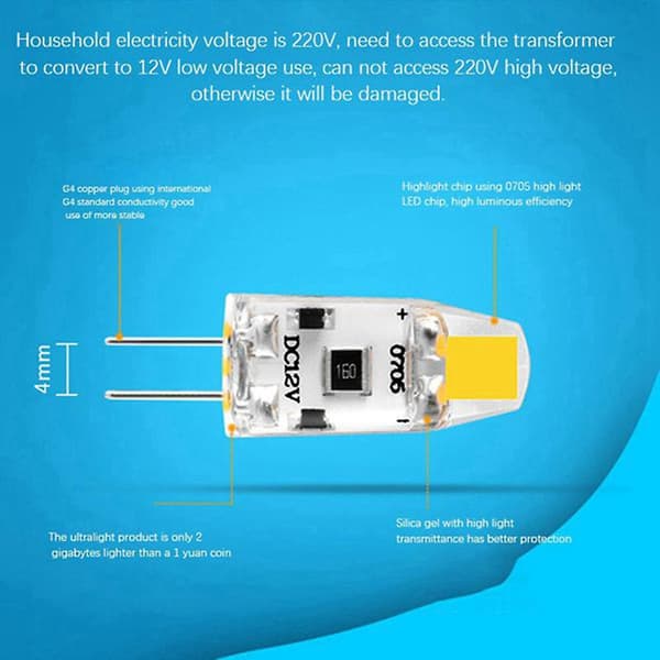 Six G4 LED bulbs, 12V DC dimmable COB LED G4 bulbs, 1.5W, 360° beam angle, can replace a 15W halogen bulb (warm white light).
