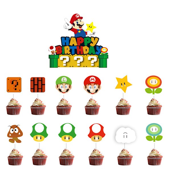 26-delars Super Mario dekorationer, tårtdekorationer, muffinsinlägg I