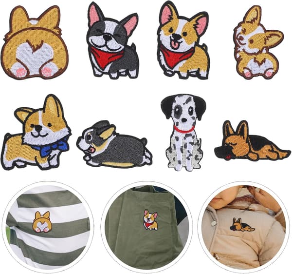 8-pack Iron-on Patches with Cute Corgi, Sheepdog, and Dalmatian Patterns; Suitable for Sewing and Embroidery.
