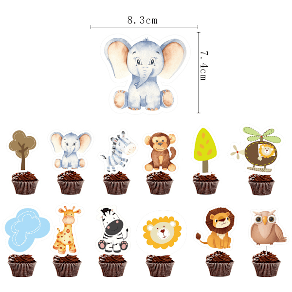 26 stycken djungeldjursdekorationer, tårtdekorationer, cupcake toppers, bakade dessertflaggor för fester med djurtema J