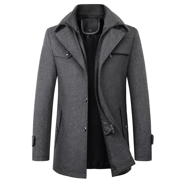 Ullkappa för män, höst/vintermodell, dubbelkrage, tjock ullkappa, lång grå kortärmad. s grey