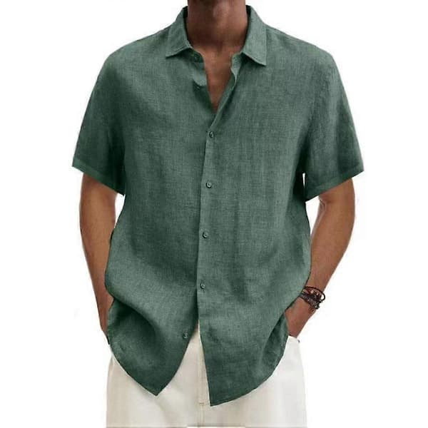 Sommerskjorte, krage, button-down-modell, bomulls- og linblanding, ensfarget herretopp, lyseblå. light blue S