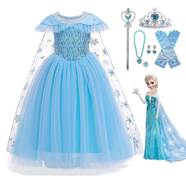 3-9 År Pigebørn Frozen Elsa Kostume Prinsesse Fancy Dress Cosplay Festkjole + Tilbehør Gaver 7-8 År